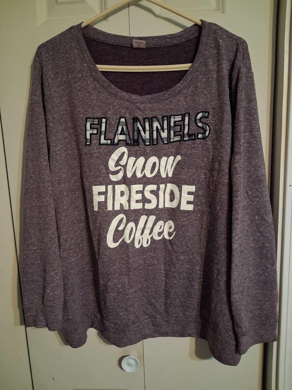 Women’s Heather Purple Long-Sleeve Sweater with Snow Fireside Coffee Graphic